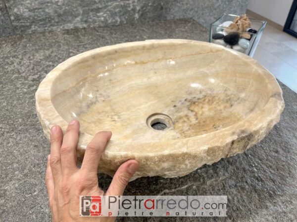 lavello lavandino da appoggio bagno in onice scalpellinato a mano pietra vera beige d'orato sasso scavato 50x40cm prezzo pietrarredo milano italy sconto